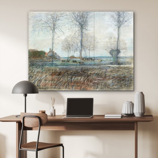 MuchoWow® Peinture sur verre 120x90 cm - Peinture sur verre acrylique - Ferme avec trois grands arbres au premier plan - Piet Mondrian - Photo sur verre - Peintures