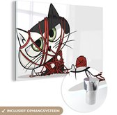 MuchoWow® Glasschilderij 150x100 cm - Schilderij acrylglas - Kat - Wol - Rood - Foto op glas - Schilderijen