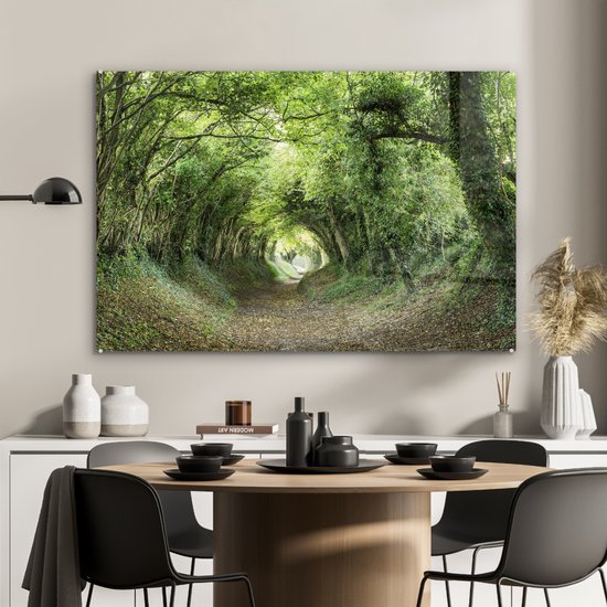 MuchoWow® Glasschilderij 120x80 cm - Schilderij acrylglas - Bos - Weg - Tunnel - Foto op glas - Schilderijen
