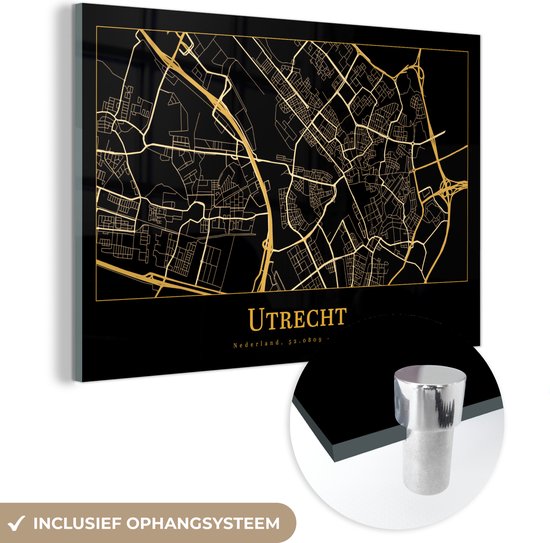 MuchoWow® Glasschilderij 120x80 cm - Schilderij acrylglas - Kaart - Utrecht - Luxe - Goud - Zwart - Foto op glas - Schilderijen