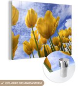 MuchoWow® Glasschilderij 40x30 cm - Schilderij acrylglas - Bloemen - Wolken - Geel - Foto op glas - Schilderijen
