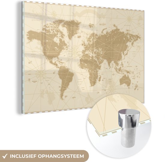Peinture sur Verre - Carte du Wereldkaart - Vintage - Rétro - 120x80 cm - Peintures sur Verre Peintures - Photo sur Glas