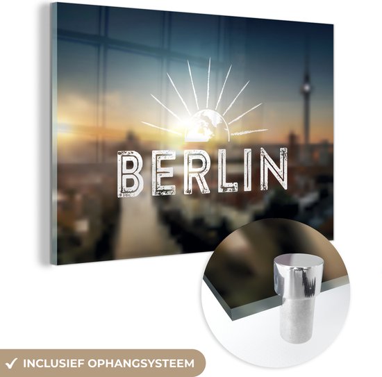 MuchoWow® Glasschilderij 30x20 cm - Schilderij acrylglas - Skyline - Letters - Berlijn - Foto op glas - Schilderijen
