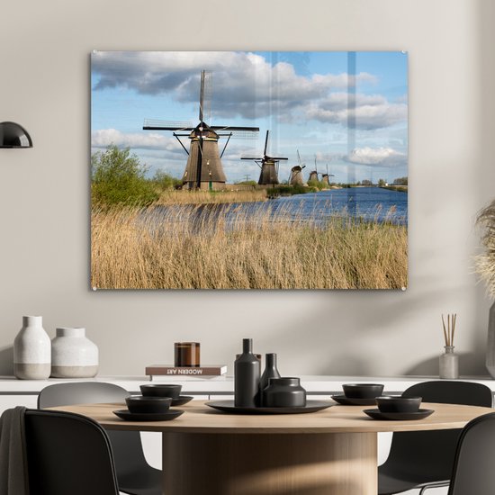 Les moulins à vent hollandais de Kinderdijk pendant une journée ensoleillée Plexiglas 80x60 cm - Tirage photo sur Glas (décoration murale en plexiglas)