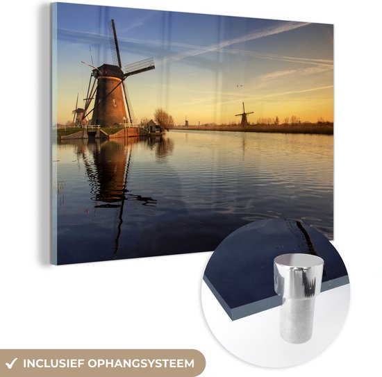 MuchoWow® Glasschilderij 120x80 cm - Schilderij acrylglas - Molen - Water - Horizon - Foto op glas - Schilderijen