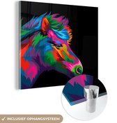 MuchoWow® Glasschilderij 50x50 cm - Schilderij acrylglas - Paard - Rood - Paars - Meisjes - Kinderen - Meiden - Foto op glas - Schilderijen