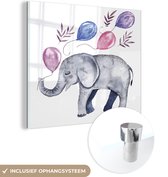 MuchoWow® Glasschilderij 50x50 cm - Schilderij acrylglas - Olifant - Waterverf - Ballonnen - Foto op glas - Schilderijen