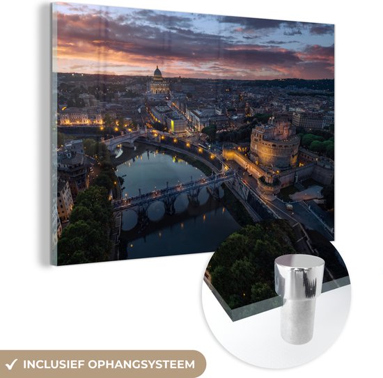 MuchoWow® Glasschilderij 60x40 cm - Schilderij acrylglas - Rome - Brug - Donker - Foto op glas - Schilderijen