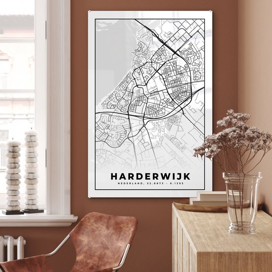 ® Glasschilderij 60x90 cm - Schilderij acrylglas - Kaart - Harderwijk - Zwart - Wit - Foto op glas - Muurdecoratie woonkamer - Wanddecoratie slaapkamer - Schilderijen