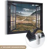 MuchoWow® Glasschilderij 150x100 cm - Schilderij acrylglas - Doorkijk - Pad - Berg - Foto op glas - Schilderijen