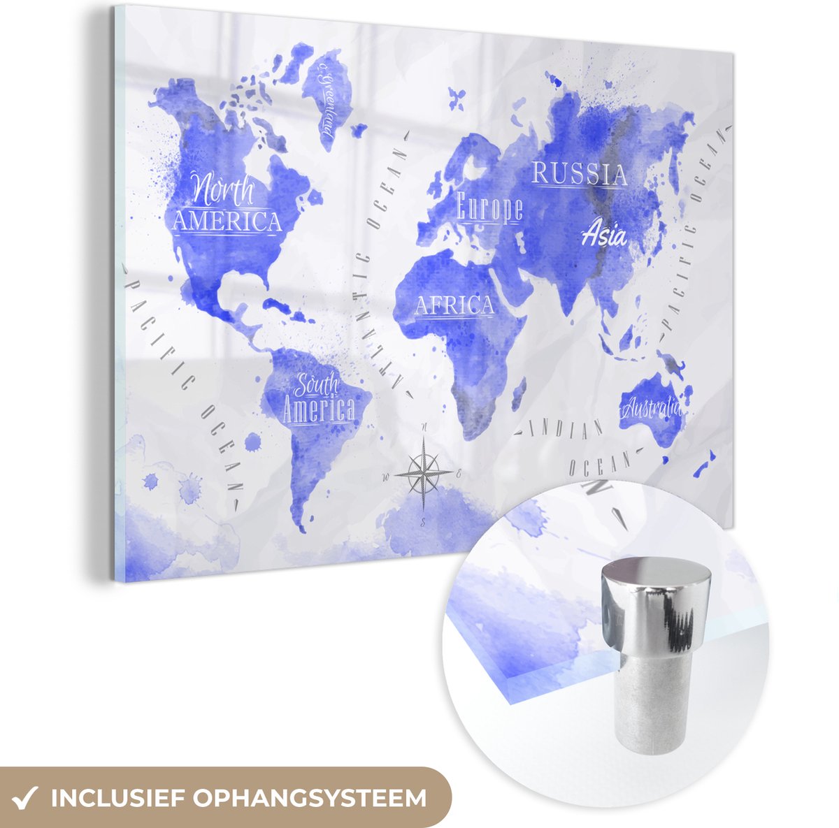 ® Glasschilderij 60x40 cm - Schilderij acrylglas - Wereldkaart - Waterverf - Blauw - Foto op glas - Muurdecoratie woonkamer - Wanddecoratie slaapkamer - Schilderijen