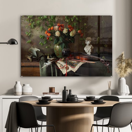 Peinture sur Verre - Fleurs - Violon - Nature Morte - 90x60 cm - Peintures Plexiglas