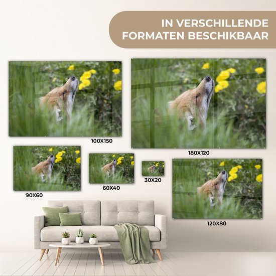MuchoWow® Peinture sur Verre - Renard - Fleurs - Jaune - 90x60 cm - Peintures sur Verre Acrylique - Photo sur Glas