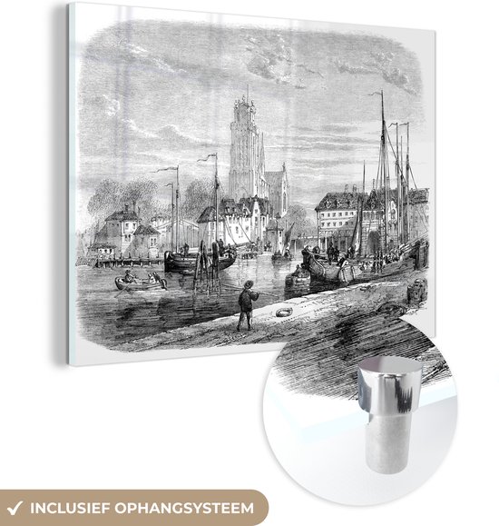 MuchoWow® Glasschilderij 120x90 cm - Schilderij acrylglas - Een antieke zwart-wit illustratie van Dordrecht - Foto op glas - Schilderijen