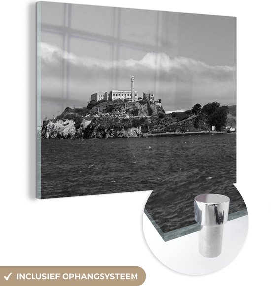 MuchoWow® Glasschilderij - Wolken boven Alcatraz in Zwart-Wit - 40x30 cm - Acrylglas Schilderijen - Foto op Glas