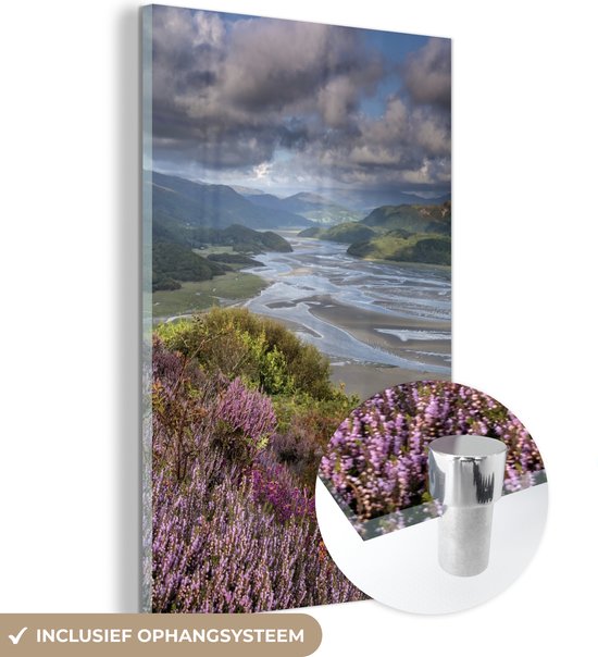 MuchoWow® Glasschilderij 100x150 cm - Schilderij acrylglas - Mooie bloemen en unieke lucht in Snowdonia - Foto op glas - Schilderijen