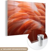 MuchoWow® Glasschilderij 120x80 cm - Schilderij acrylglas - Veren structuur van een flamingo - Foto op glas - Schilderijen