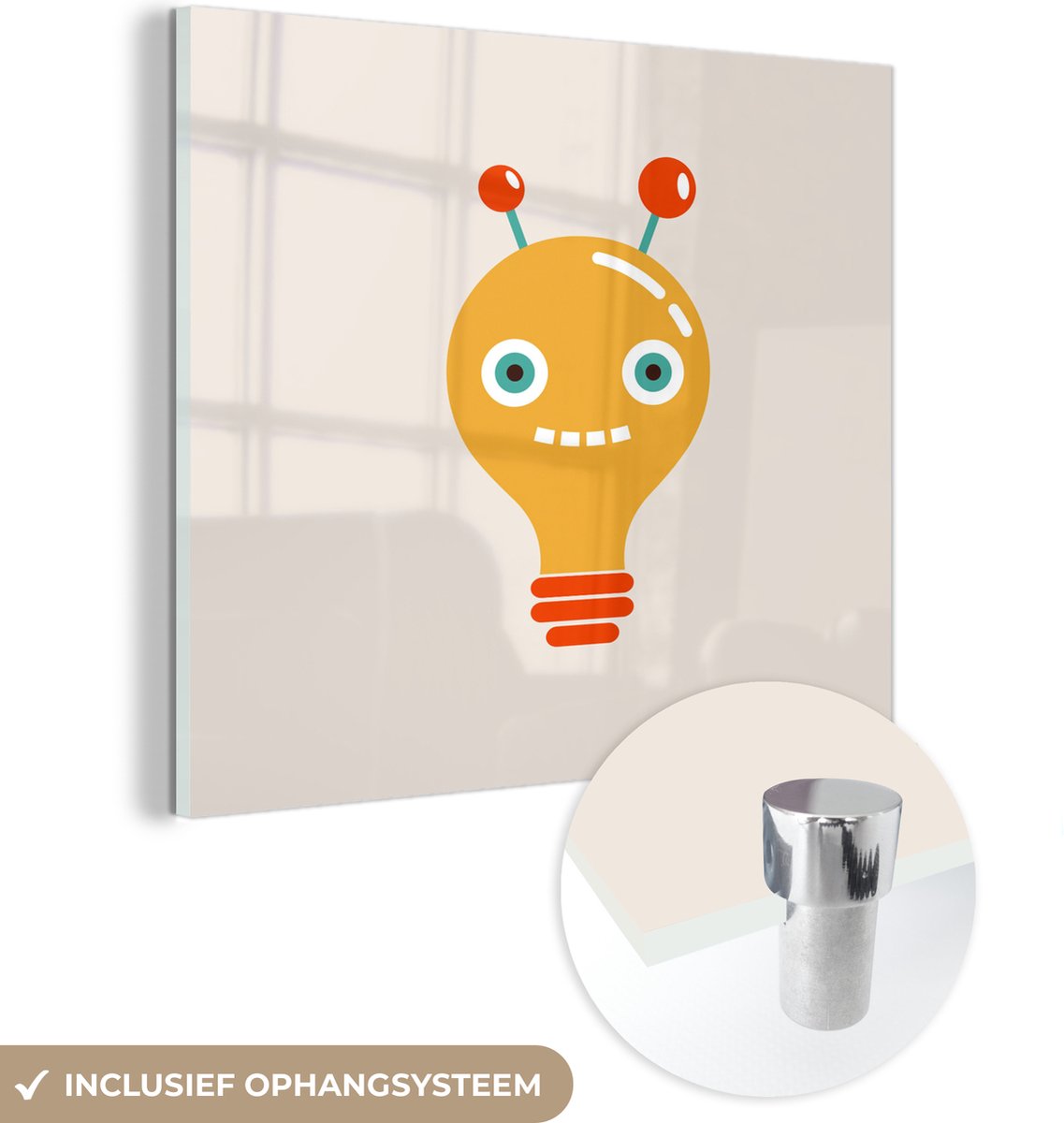 ® Glasschilderij 50x50 cm - Schilderij acrylglas - Robot - Gloeilamp - Gezicht - Antenne -