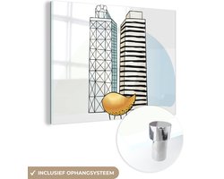 ® Glasschilderij 120x90 cm - Schilderij acrylglas - Een Barcelona illustratie van de Mapfre torens - Foto op glas - Muurdecoratie woonkamer - Wanddecoratie slaapkamer - Schilderijen