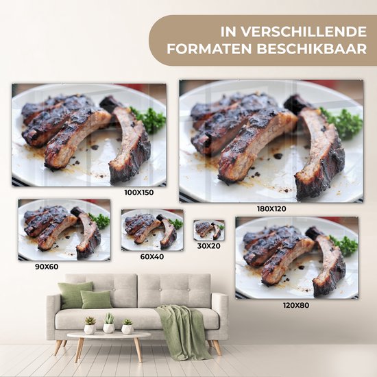 MuchoWow® Peinture sur Verre - Quatre côtes levées fraîchement cuites reposent sur une assiette blanche - 180x120 cm - Peintures sur Verre Acrylique - Photo sur Glas