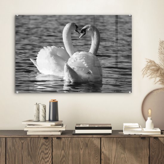® Glasschilderij 60x40 cm - Schilderij acrylglas - Twee zwanen in het water - Foto op glas - Muurdecoratie woonkamer - Wanddecoratie slaapkamer - Schilderijen