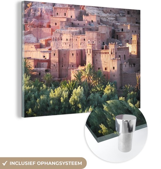 MuchoWow® Glasschilderij 120x90 cm - Schilderij acrylglas - Architectuur van Aït-Benhaddou bij zonsondergang in Marokko - Foto op glas - Schilderijen
