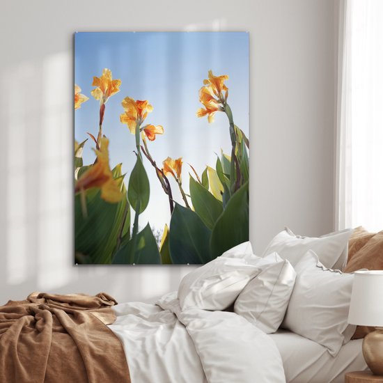 MuchoWow® Peinture sur verre 90x120 cm - Peinture sur verre acrylique - Fleurs de canna sous un ciel clair - Photo sur verre - Peintures