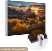 MuchoWow® Glasschilderij 180x120 cm - Schilderij acrylglas - Prachtige zonsondergang bij het Tetongebergte in de Verenigde Staten - Foto op glas - Schilderijen