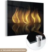 MuchoWow® Glasschilderij 120x90 cm - Schilderij acrylglas - Een illustratie van een haardvuur tegen een zwarte achtergrond - Foto op glas - Schilderijen