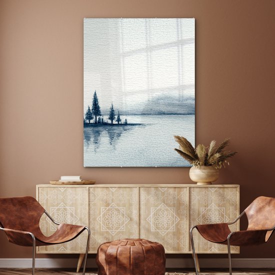 MuchoWow® Peinture sur verre 90x120 cm - Peinture sur verre acrylique - Une illustration d'un lac dans la brume - Photo sur verre - Peintures