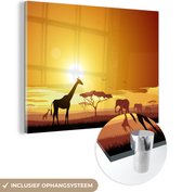 MuchoWow® Glasschilderij 120x90 cm - Schilderij acrylglas - Illustratie van een Afrikaanse zonsondergang met een giraffe en olifant - Foto op glas - Schilderijen