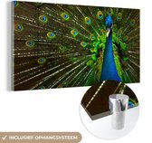 MuchoWow® Glasschilderij 160x80 cm - Schilderij acrylglas - Pauw - Veren - Patroon - Blauw - Foto op glas - Schilderijen