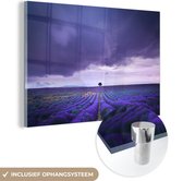 MuchoWow® Glasschilderij - Paarse wolken boven lavendelvelden - 120x80 cm - Acrylglas Schilderijen - Foto op Glas