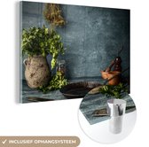 MuchoWow® Glasschilderij 120x80 cm - Schilderij acrylglas - Kruiden - Specerijen - Pan - Mes - Grijs - Rustiek - Foto op glas - Schilderijen