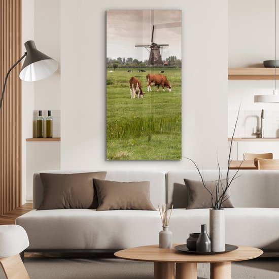 MuchoWow® Peinture sur verre - Vaches - Moulin - Nederland - 60x120 cm - Peintures sur verre acrylique - Photo sur Glas