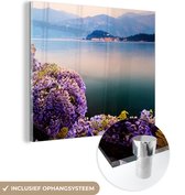 MuchoWow® Glasschilderij 50x50 cm - Schilderij acrylglas - Blauweregen bij een ondergaande zon - Foto op glas - Schilderijen