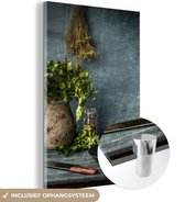 MuchoWow® Glasschilderij 80x120 cm - Schilderij acrylglas - Kruiden - Specerijen - Pan - Mes - Grijs - Rustiek - Foto op glas - Schilderijen