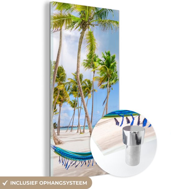MuchoWow® Glasschilderij 80x160 cm - Schilderij acrylglas - Hangmat - Strand - Palmbomen - Foto op glas - Schilderijen