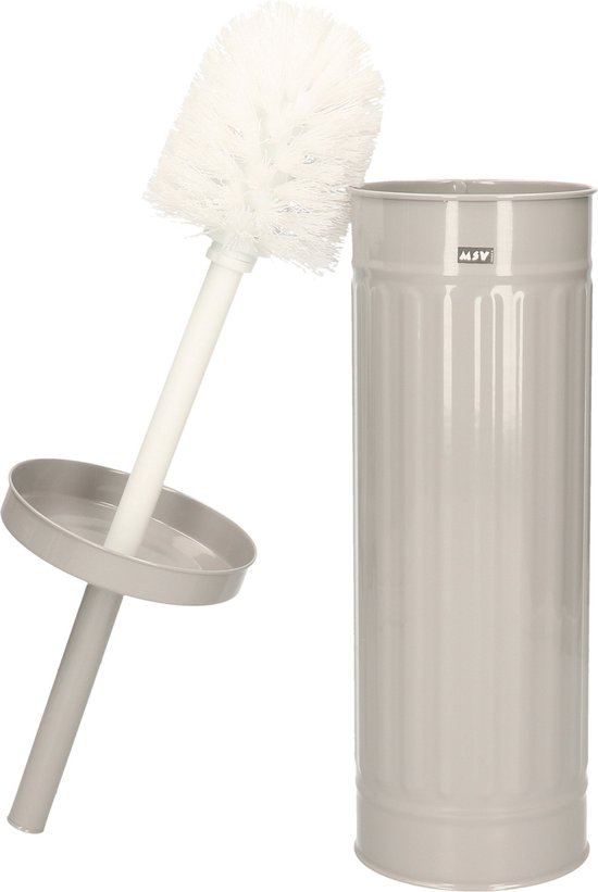 Lichtgrijze toiletborstelhouder met losse witte borstel en grijze houder.