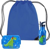 Pret Dino lunchbox set voor kinderen - 3-delig - blauw - kunststof/rvs - incl. gymtas/schooltas