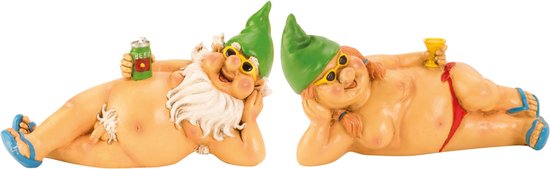 Tuinkabouter beeldjes set 2x - Sexy drinking couple - Polystone - 26 cm - groen - dronken kabouter - Merkloos