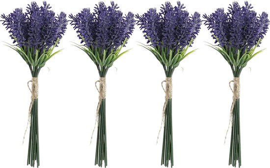 Items Lavendel kunstbloemen - 4x - bosje met stelen van paarse bloemetjes - 10 x 26 cm