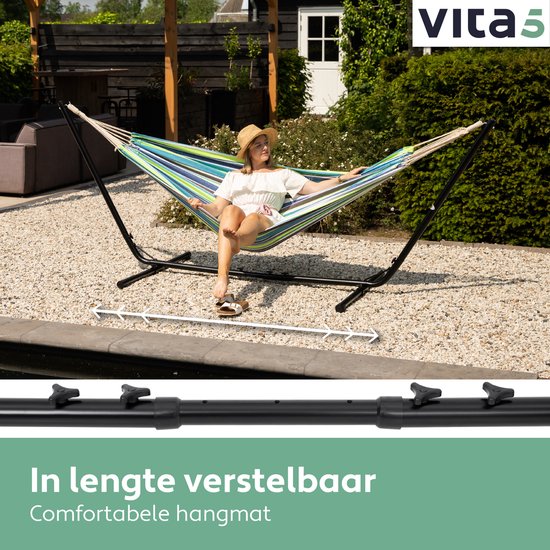 Vita5 Hangmat met Standaard 2 Persoons - Blauw/Groen - Draaggewicht 205 kg - Verstelbare Lengte - Incl. Draagtas - Vita5