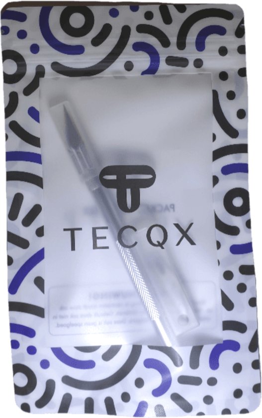 Gereedschapstas met TECQX logo, met een zilverkleurig scalpelmesje met mesbeschermer.