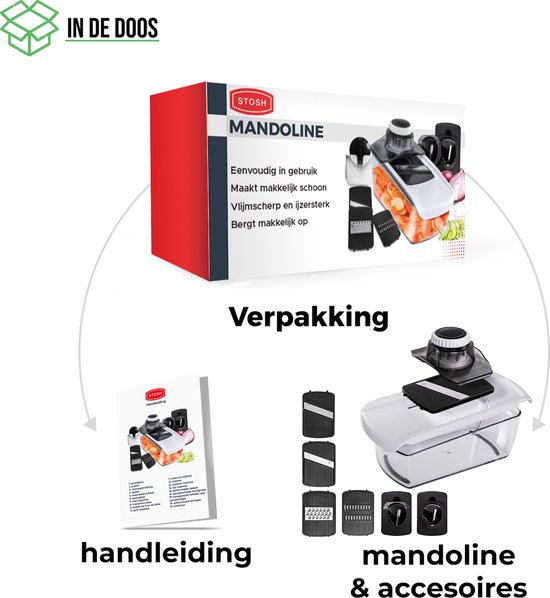 De inhoud van de verpakking van de Stosh mandoline: de mandoline zelf, de handleiding en de snij-inzetstukken.