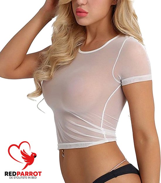 Kort Doorschijnend Shirt | Korte transparant top | Erotische kleding dames | Voor haar | Sexy topje | Lingerie | Wit shirtje