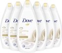Dove Nourishing Silk body wash, 6x 450ml. Witte flessen met gouden accents en afbeeldingen van zijde.