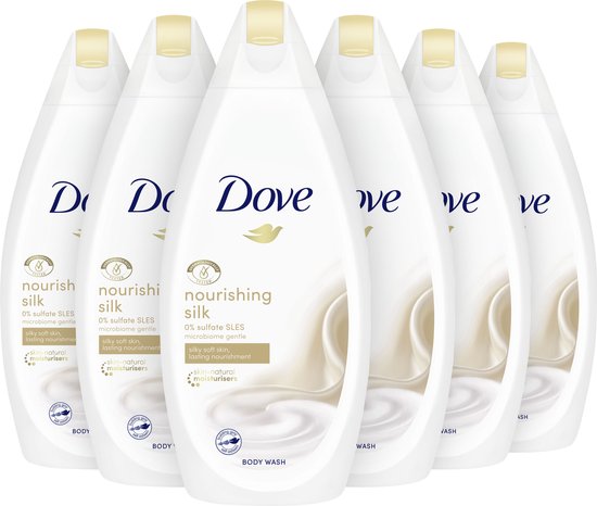Dove Nourishing Silk body wash, 6x 450ml. Witte flessen met gouden accents en afbeeldingen van zijde.
