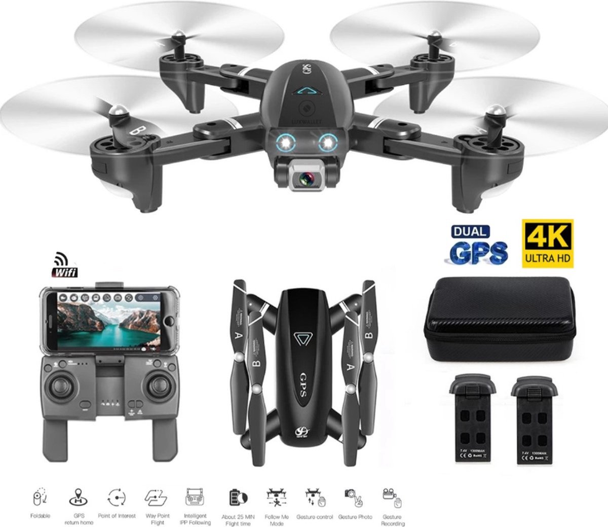 LUXWALLET TT Starter GPS Drone – 30km/h - 210 Gram - Micro SD kaart - Afstandsbediening – GPS 2.4Ghz – Camera -Foto - Applicatie + Afstandsbediening