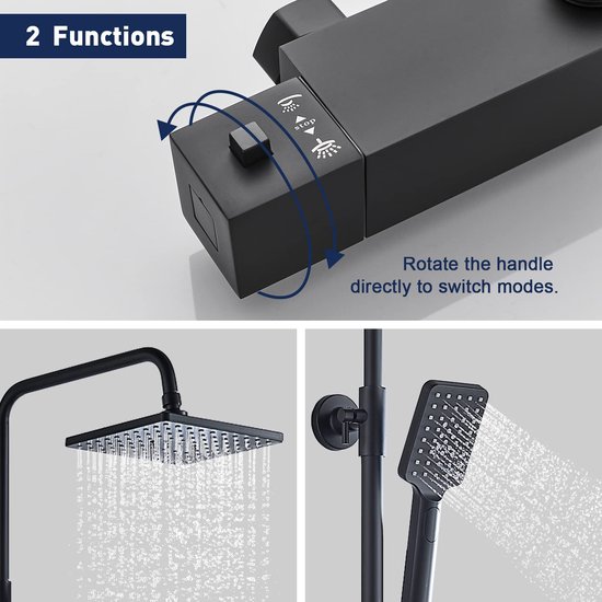 Solepearl Recessed Shower Faucet Set, Matt Black, 25 x 25 cm, 25 x 25 cm, Rectangular, Metal Hand Shower, High-Quality Anti-scalding System, Complete Set
